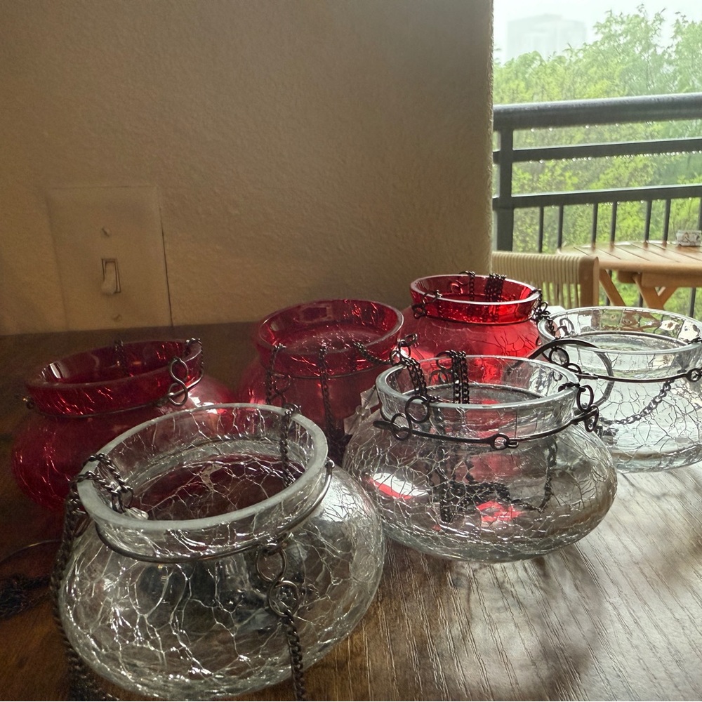 6 Piece Set - Clear and Red Glass Hanging Tealight Candle Holder